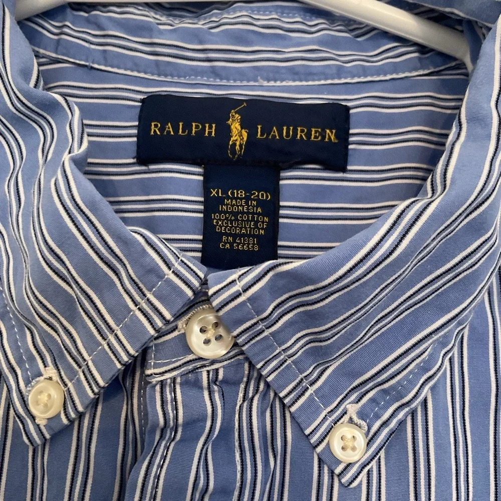 Ralph Lauren Young Mens XL 18-20 Blue Striped Long Sleeve Shirt Boys Cotton Polo